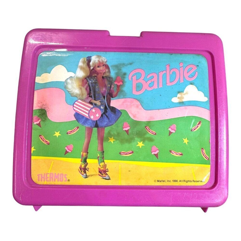 Vintage 1990 Barbie Core Matching Thermos Pink Lunchbox With Handle & Latch READ
